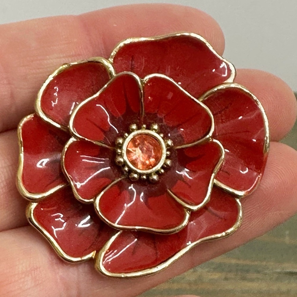 Vintage LC Liz Claiborne, Enamel, Rhinestone, Red Floral pin, brooch Signed